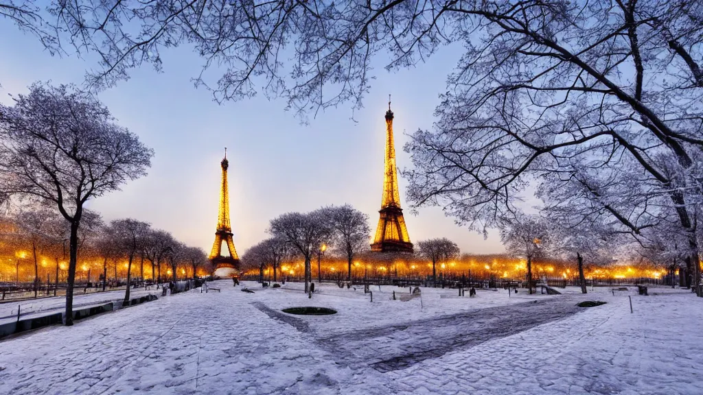 Prompt: winter paris landscape, one Eiffel tower, hd,