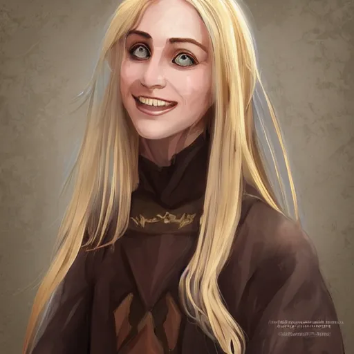 Image similar to portrait, 30 years old women :: fantasy :: long straight blonde hair, windy, beeing happy, smiling :: attractive, symmetric face :: brown woven medieval clothing, natural materials :: high detail, digital art, RPG, concept art, illustration