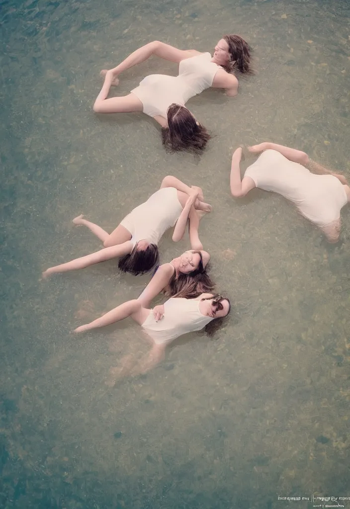 Prompt: Two female lying on a surface of water, floating on a lake, country style, view from the above, long distance, Cinematic focus, atmospheric lighting, Polaroid photo, bleached, vintage, pastel colors, High-key lighting, soft lights, cozy, foggy, by Steve Hanks, by lisa yuskavage, by Serov Valentin, by Krenz Cushart, by Andrei Tarkovsky, 8k render, octane render, fine details, detailed, oil on canvas