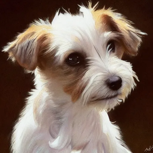 Prompt: a high quality painting of a very cute scruffy wire haired jack russell terrier puppy, white with chocolate brown spots, brown patches over both eyes. friendly, curious expression. painting by artgerm and greg rutkowski and alphonse mucha