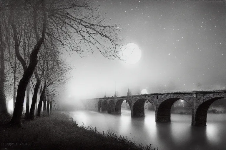 Image similar to masterpiece lomography photography of ( pont ambroix at ambrussum ), one single arch, realistic, detailed, cinematic lights, 8 k, long exposure, trees, fog in the background, monochromatic soft blue tones, by gustave courbet, moonlight, artstation, deviantart, fireflies