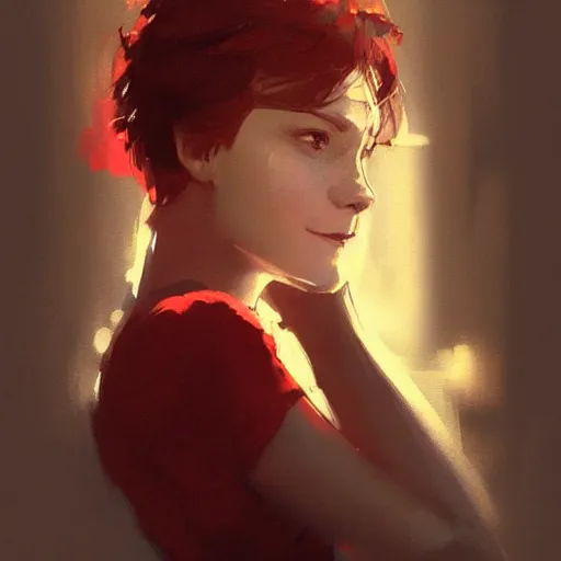 Prompt: portrait of a beautiful girl in a red dress with short brown hair, men's haircut, and smiling, dramatic lighting, illustration by greg rutkowski, yoji shinkawa, 4 k, digital art, concept art, trending on artstation