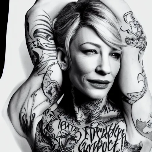 Image similar to full body tattooed cate blanchett, highly detailed, photorealistic, 4k