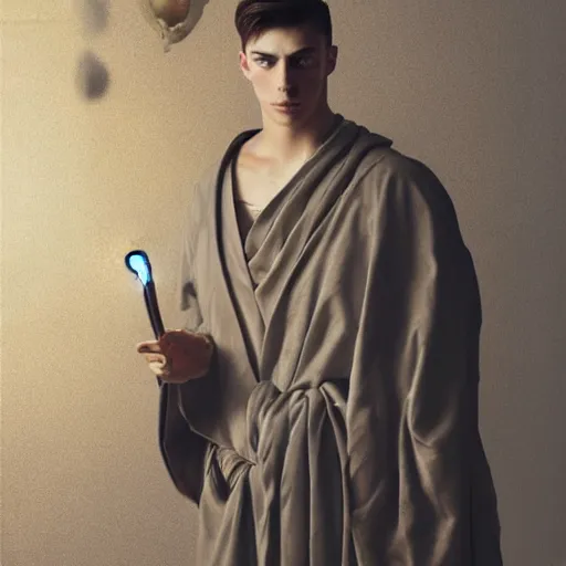 Image similar to attractive handsome kai havertz wearing monk robes holding ivory candlestick. natural lighting by ruan jia, portrait