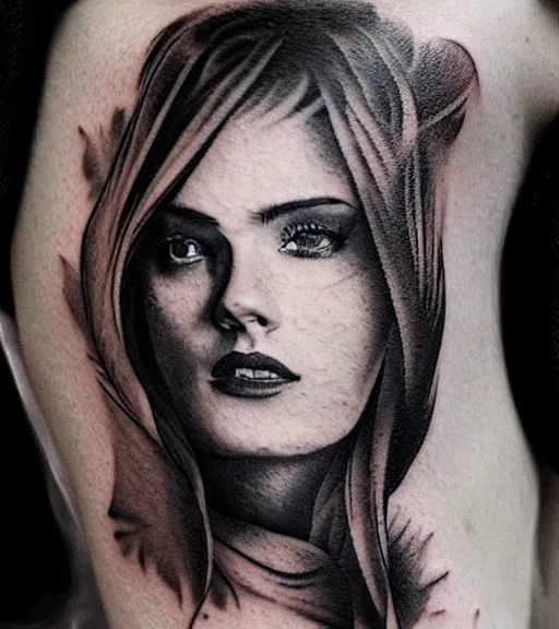 Image similar to hyper realism tattoo sketch of a beautiful woman face double exposure effect with beautiful mountain scene, in the style of matteo pasqualin, amazing detail, sharp, faded