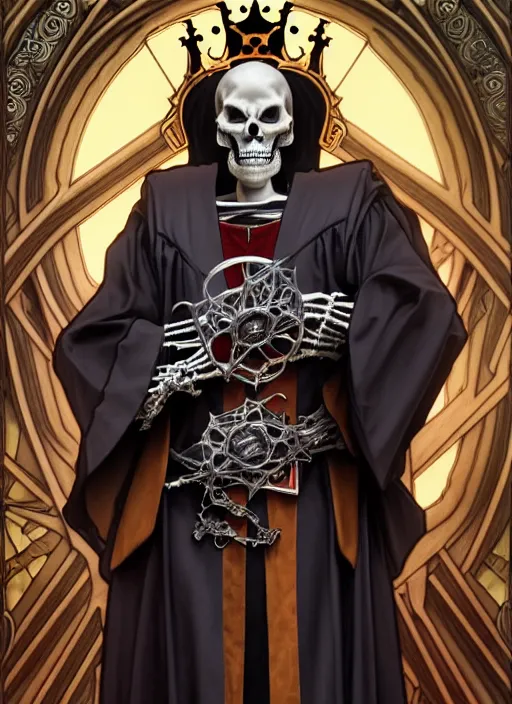 Image similar to undead skeleton king, wearing an academic gown, regal, tarot card, highly detailed, deep focus, elegant, digital painting, smooth, sharp focus, illustration, ultra realistic, 8 k, art by artgerm and alphonse mucha and greg rutkowski