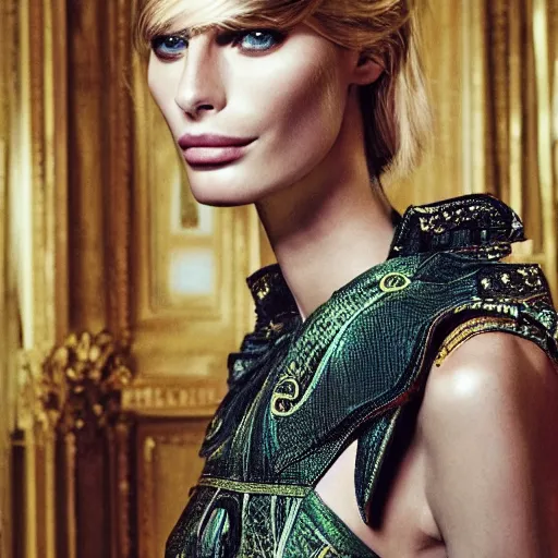 Prompt: A beautiful portrait of Julia Stegner as a model at Versace fashion show Spring/Summer 2014, highly detailed, in the style of cinematic, fashionweek backstage,makeup by Pat Mcgrath, By greg rutkowski and thomas kinkade