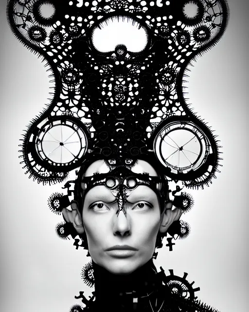 Image similar to surreal black and white photo portrait of complex biomechanical young female cyborg with a mandelbrot fractal metal lace face, silver hair, 150 mm lens, soft rim light, fine metal foliage super big lace collar, Alexander McQueen, high fashion, haute couture, rococo, steampunk, silver filigree details, anatomical, facial muscles, cable wires, microchip, elegant, hyper realistic, octane render, unreal engine, by Man Ray and Dora Maar, volumetric lighting, 8k,