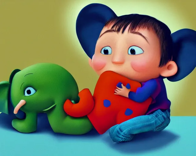 Image similar to detailed cartoon portrait of a little boy hugging his elephant pillow, pixar, sharp high quality