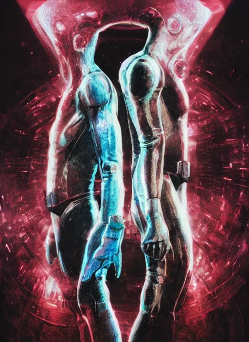 Image similar to two astronauts in dark and void underwater - hyperdetailed suit. reflection and dispersion materials. rays and dispersion of light. volumetric light. 5 0 mm, f / 3 2. noise film photo. flash photography. ultra realistic, wide angle. poster by wayne barlowe, hajime sorayama aaron horkey, craig mullins. dark key.