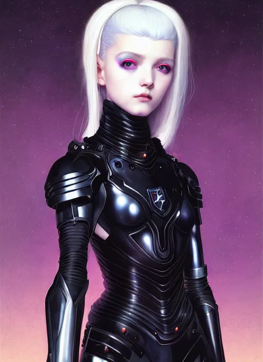 Image similar to portrait of beautiful cute young goth balenciaga military maiden cyborg girl with white hair in warhammer armor, art by ( ( ( kuvshinov ilya ) ) ) and wayne barlowe and gustav klimt and artgerm and wlop and william - adolphe bouguereau