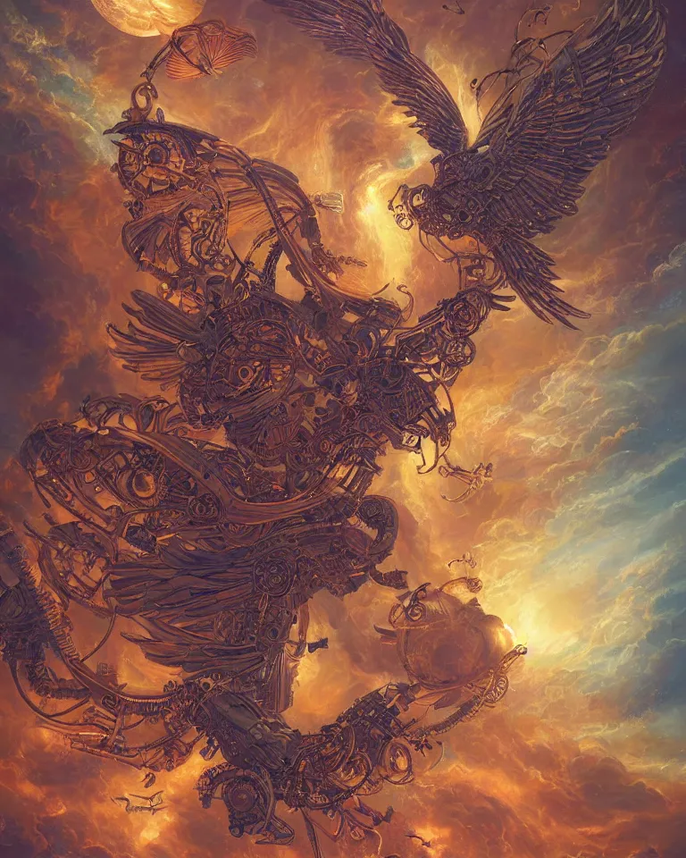 Prompt: a beautiful tarot card artwork of a portrait of a steampunk seraphim ascending to the cosmic nebulae cyberpunk nexus, backlit, highly detailed, golden hour, digital painting, by eddie mendoza and greg rutkowski and dan mumford and artgerm, vivid colors, masterpiece, detailed shading, 8 k resolution, intricate, smooth