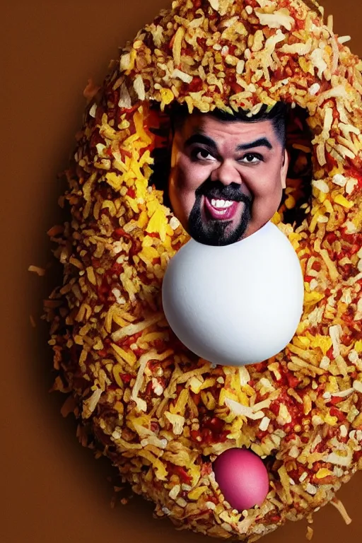 Prompt: 📷 gabriel fluffy iglesias the egg 🥚, made of food, head portrait, dynamic lighting, 4 k