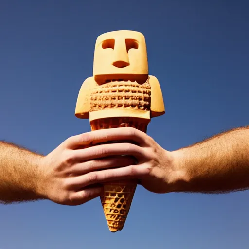 Image similar to a man holding an ice cream cone with a moai 🗿 in it, 4 k photograph