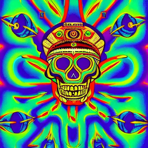 Image similar to a painting of a aztec skull with ornate ceremonial headdress, poster art by jeffrey smith, behance contest winner, psychedelic art, cosmic horror, anaglyph effect, mandelbulber fractal