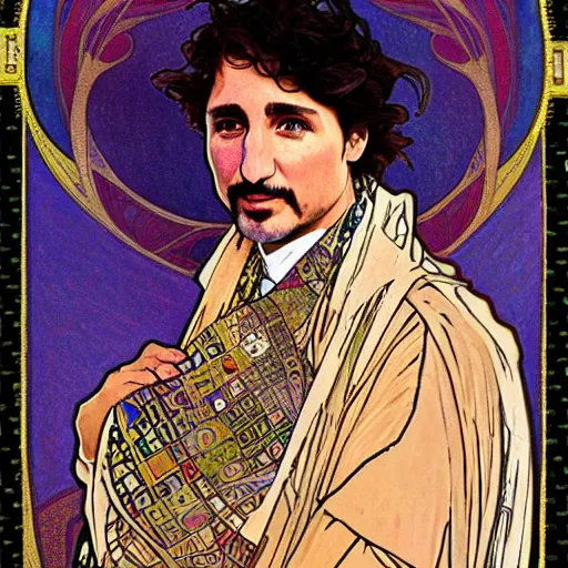 Prompt: detailed art Justin Trudeau, by Alphonse Mucha and Gustav Klimt