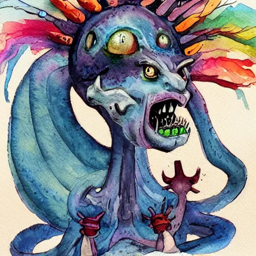 Prompt: detailed whimsical silly watercolor painting of a terrifying demon, in the style of studio ghibli