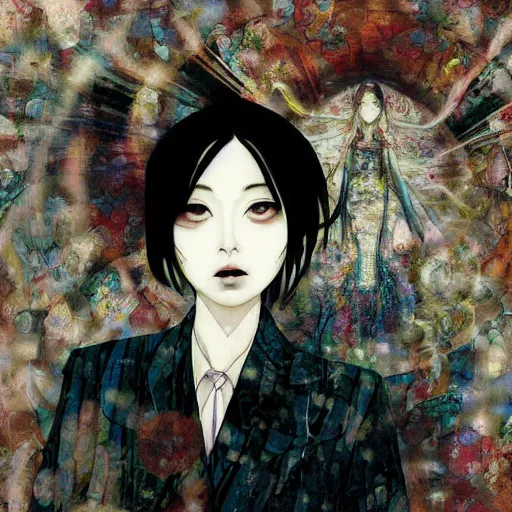 Image similar to yoshitaka amano blurred and dreamy realistic illustration of a woman with black eyes and white hair wearing dress suit with tie, junji ito abstract patterns in the background, satoshi kon anime, noisy film grain effect, highly detailed, renaissance oil painting, weird portrait angle, blurred lost edges, three quarter view