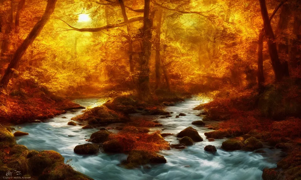 Image similar to river in a forest during the golden hour in autumn, digital art, concept art, fantasy art, highly detailed, hd wallpaper, hdr, artstation, deviantart, behance