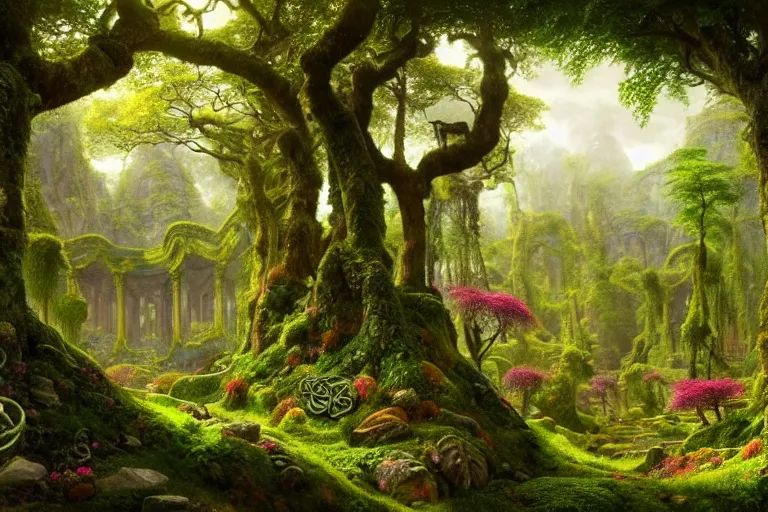 Prompt: a beautiful and highly detailed matte painting of a lush garden in a beautiful forest, carved celtic stone runes, psychedelic colors, intricate details, epic scale, insanely complex, hyperdetailed, artstation, cgsociety, 8 k, sharp focus, hyperrealism, by caspar friedrich, albert bierstadt, james gurney, brian froud,