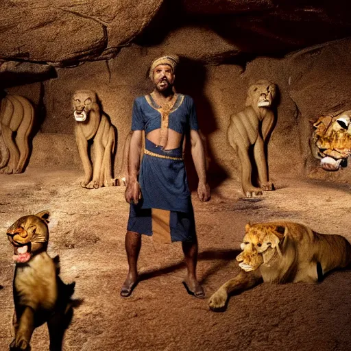 Prompt: film still of 3 5 year old man in ancient canaanite clothing surrounded by ferocious lions. cave interior background, hd wallpaper, 8 k