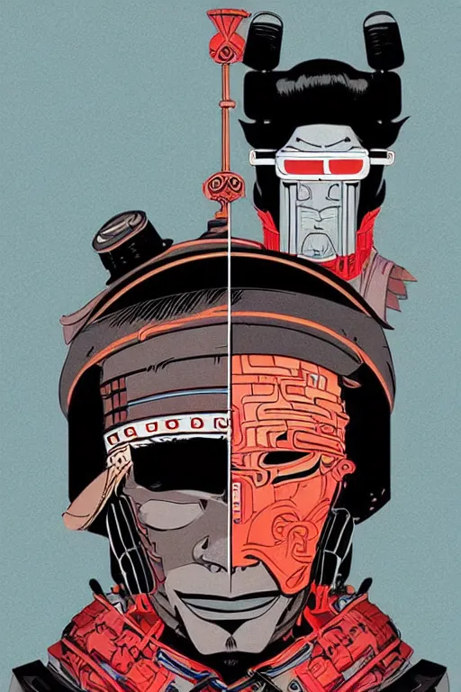 Image similar to 1 9 7 9 omni magazine cover of hiroyuki sanada in a samurai hat and oni mask. simple stylized cyberpunk photo by josan gonzalez.