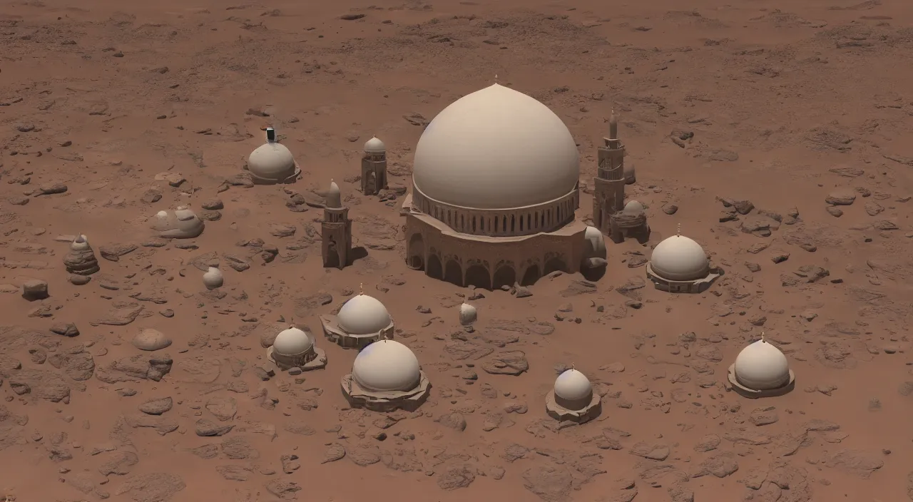 Prompt: An old mosque with huge dome and tall minarets on Mars,