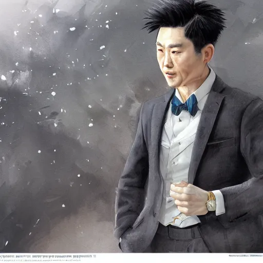 Image similar to dynamic composition, motion, ultra-detailed, incredibly detailed, a lot of details, amazing fine details and brush strokes, colorful and grayish palette, smooth, HD semirealistic anime CG concept art digital painting, watercolor oil painting of a man in suit, by a Chinese artist at ArtStation, by Huang Guangjian, Fenghua Zhong, Ruan Jia, Xin Jin and Wei Chang. Realistic artwork of a Chinese videogame, gradients, gentle an harmonic grayish colors.