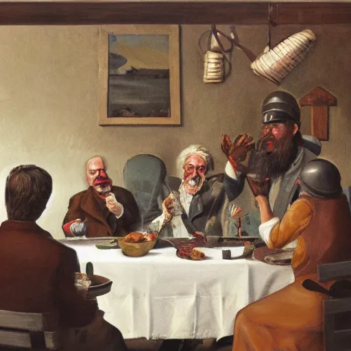 Image similar to a person sits in a high chair at a table staring delectably, the provenators feast, a human moderator chewing on the arbitrary egregore of their community group, art depicting control freak, trending, artstation