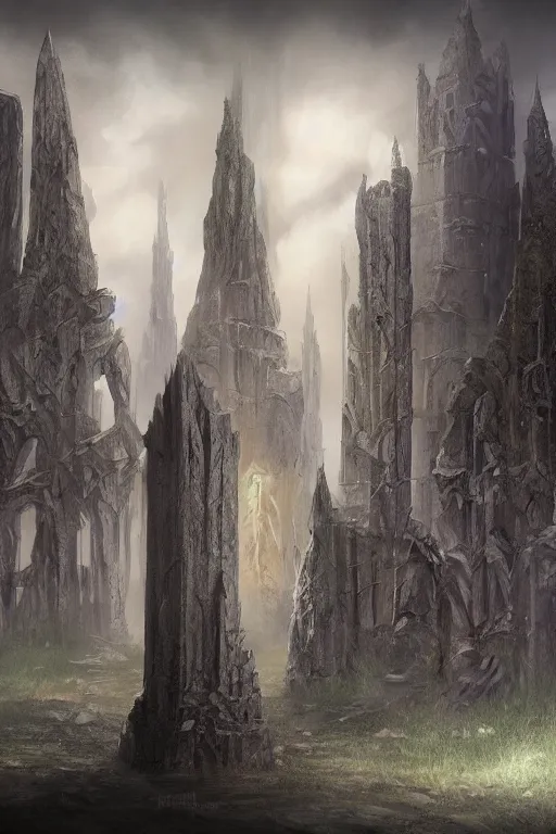 Image similar to beautiful digital mystical painting of broken pillars and pedestals fantasy gothic by greg rutkowki artstation