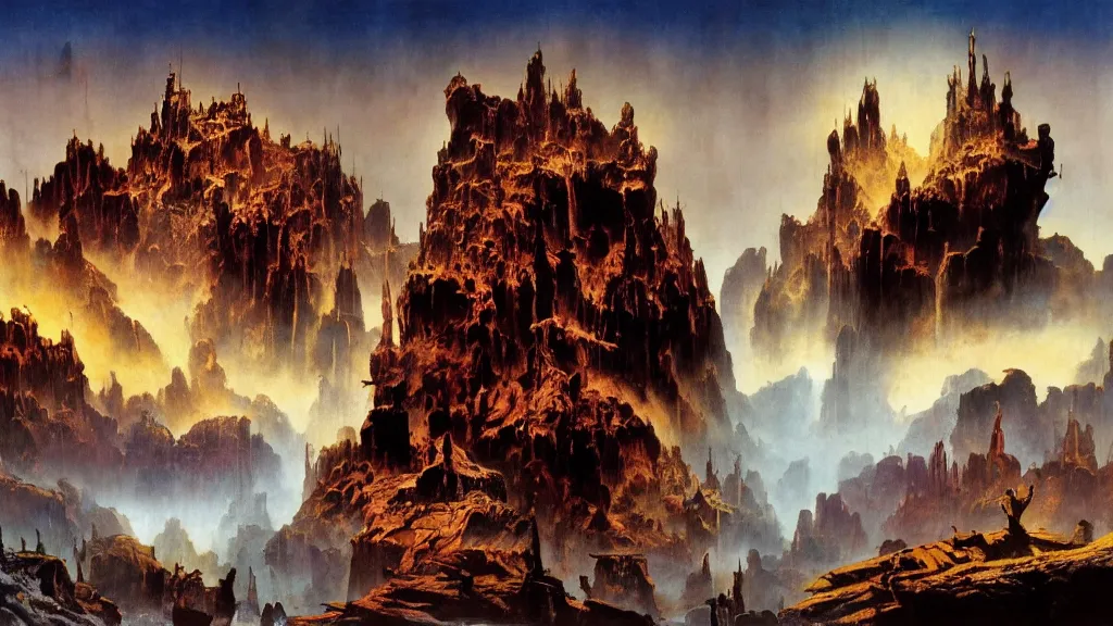 Image similar to journey to the center of the earth by frank frazetta and bruce pennington, cinematic matte painting