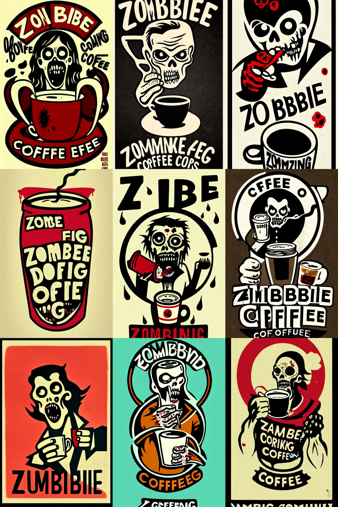 Prompt: zombie drinking coffee logo take away coffee by mcbess, full colour print, vintage colours 1 9 5 0 s, high detail cross hatch