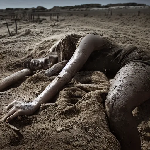 Prompt: a woman's corpse and a baby buried under sand, mud and rusty pipes, faded, depth of field,, ultra realistic, very detailed, by nadav kander, 8 k hyper realistic detailed cinematic still