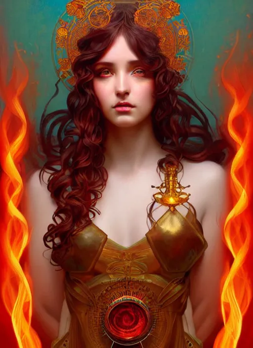 Image similar to the greek goddess hestia, hair made of fire, steampunk, beautiful glowing eyes, volumetric lights, red and cyan theme, art nouveau botanicals, intricate, highly detailed, digital painting, artstation, concept art, smooth, sharp focus, cinematic, illustration, beautiful face, art by artgerm and greg rutkowski and alphonse mucha