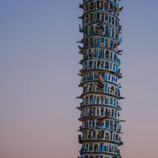 Image similar to award winning photography of tower of babel reaching up to heaven made from cellphones, 40mm lens, shallow depth of field, split lighting