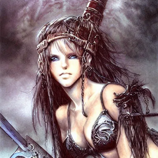 Prompt: A cute barbarian girl by Luis Royo