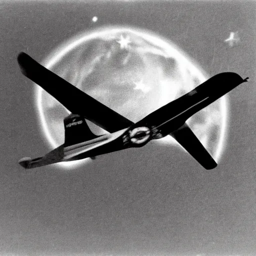 Prompt: a strangely circular bird flying in the night sky, footage from a 6 0 s fighter plane, black and white, grainy footage