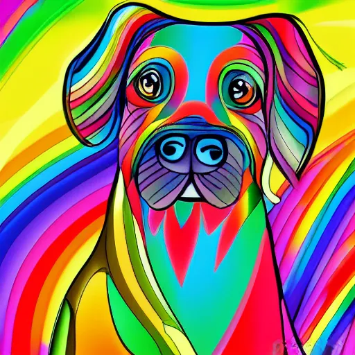 Image similar to portrait friendly cute happy stylish realistic rainbow dog. background in the style of art nouveau. lively. colorful. hd.