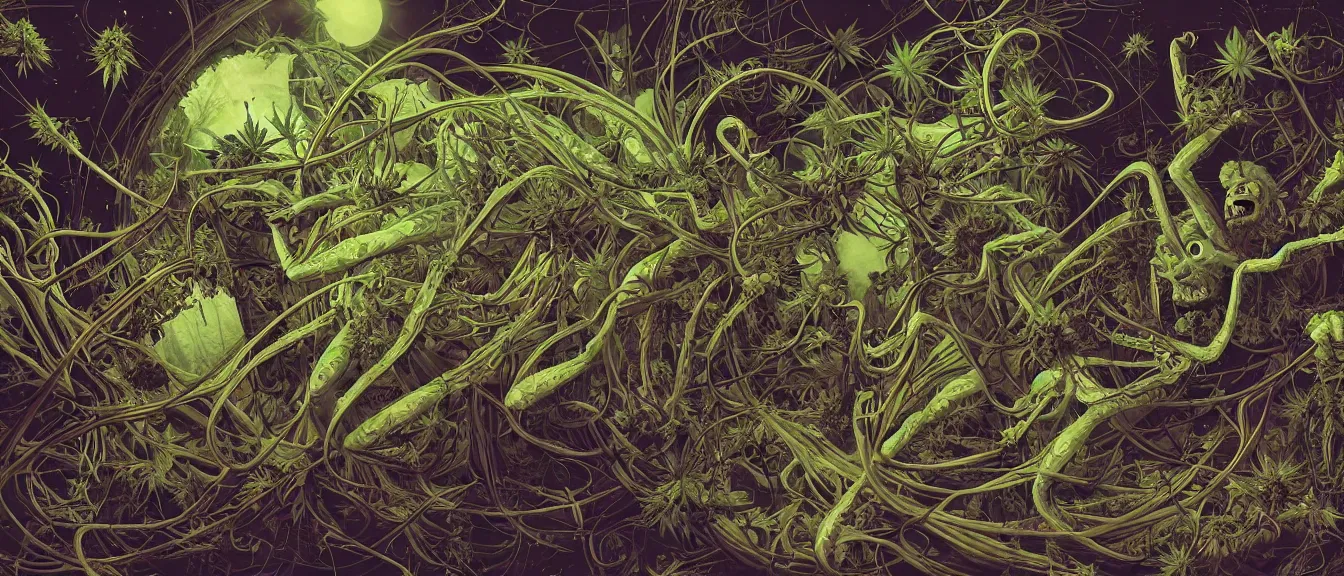 Image similar to cannabis paranoia, nightmare anomalies, event horizon, venus flytrap by dariusz zawadzki, kenneth blom, mental alchemy, james jean, pablo amaringo, naudline pierre, contemporary art, hyper detailed