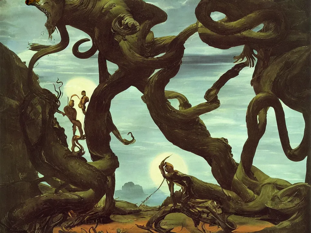 Image similar to Strange man fighting a giant snake. The tree-like animals of Andromeda. Surreal, melancholic, serene, torrential rain. Painting by Caravaggio, Caspar David Friedrich, Roger Dean