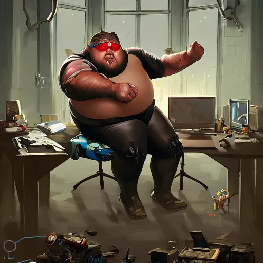 Image similar to a insanely detailed painting of a slightly overweight man wearing a homemade superhero costumed, sitting at a computer desk, nervously and clicking on the mouse, in the style of peter mohrbacher, dramatic lighting and composition, trending on artstation, concept art, comic book, graphic novel