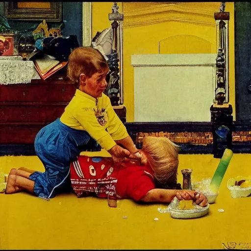 Image similar to children pouring yellow lemonade on Donald trump laying down, mannerism, norman Rockwell,