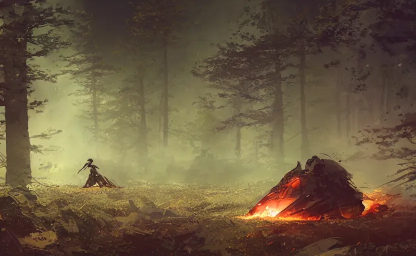 Image similar to one single fighter design spaceship on fire crashed on the ground, on the ground, smoke, smoke, cloudy air, forest, swamp. scattered wreckage and debris, crater. Atmospheric lighting, overgrowth. By Makoto Shinkai, Stanley Artgerm Lau, WLOP, Rossdraws, James Jean, Andrei Riabovitchev, Marc Simonetti, krenz cushart, Sakimichan, trending on ArtStation, digital art.