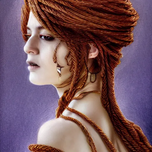 Image similar to portrait of a Shibari rope wrapped face and neck, headshot, insanely nice professional hair style, dramatic hair color, digital painting, of a old 13th century, traveler, amber jewels, baroque, ornate clothing, scifi, realistic, hyperdetailed, chiaroscuro, concept art, art by Franz Hals and Jon Foster and Ayami Kojima and Amano and Karol Bak,