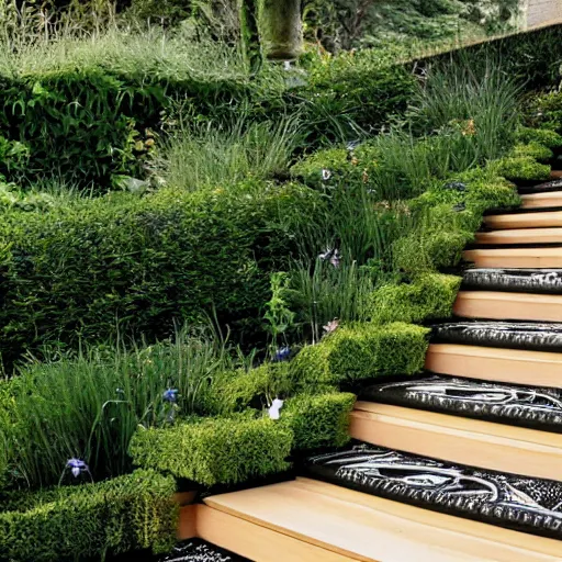 Prompt: lush garden stairs, penrose stairs