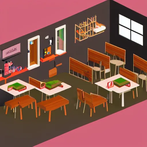 Image similar to isometric cartoon of funky recreational cannabis cafe area, coffee machine, aluminum sheen, wooden furniture, people drinking coffee and smoking cannabis, only 2 tables chairs, 4 cannabis pots, by benoit mandelbrot, low poly cute minimal interior design concept art illustrated by anni albers