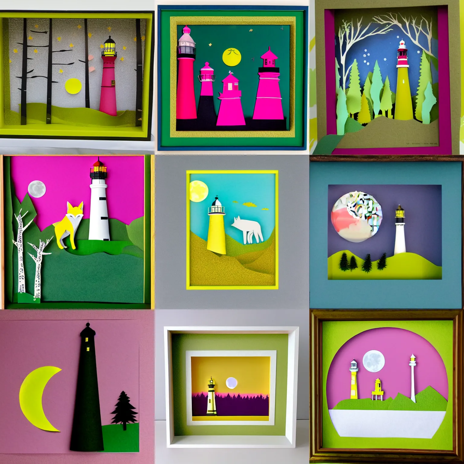 Prompt: chartreuse fox, pink birch trees, moon, lighthouse, layered paper shadow box