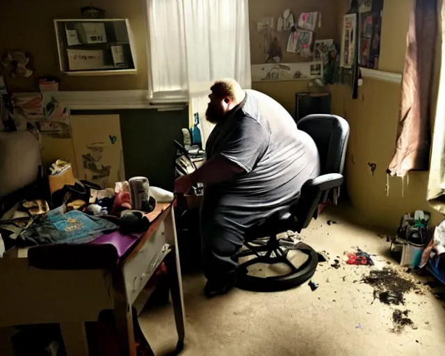 Image similar to dirty room, depression scene, very fat man in a gamer chair.