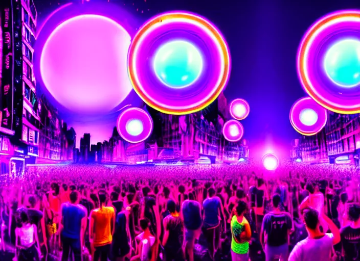 Prompt: a music festival in neon street in new york with street lights shining glowing orbs of pink light, highly detailed crowd of people, 5 dj stages in the style of tomorrowland, highly symmetrical purple moon with powerful aura, massive scale, highly detailed, intricate fine lines, hd, unreal engine