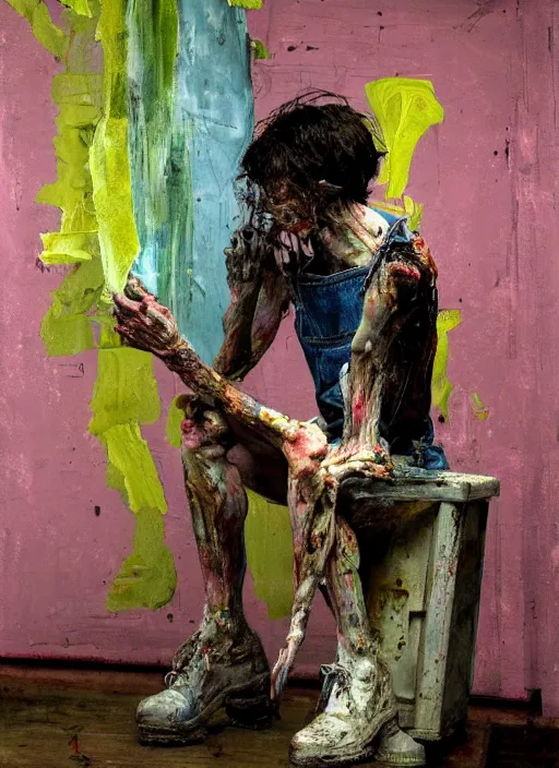 Image similar to an insane, skinny, artist wearing dirty, torn overalls, expressive painting, inside a grand messy studio, depth of field, hauntingly surreal, highly detailed oil painting, by francis bacon, edward hopper, adrian ghenie, glenn brown, soft light 4 k in pink, green and blue colour palette, cinematic composition, high quality octane render, masterpiece